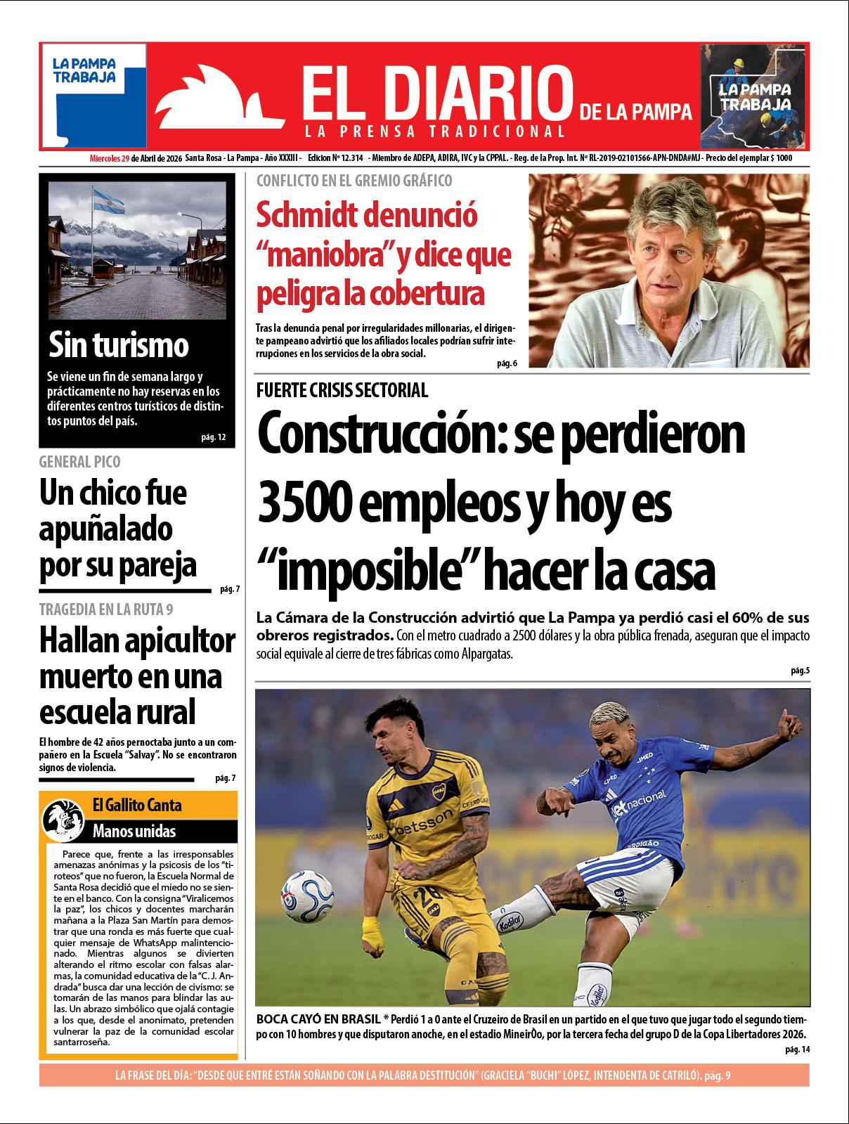 Tapa de El Diario en papel  mieacutercoles 29 de abril de 2026